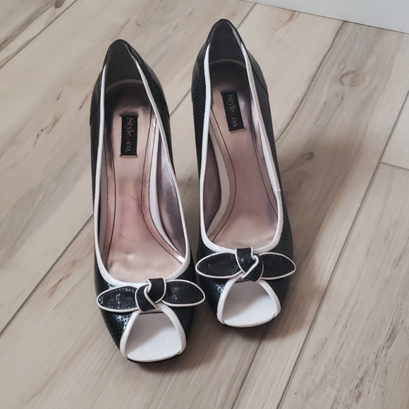black and white peep toe heels